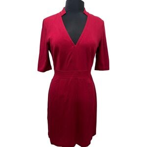 Trina Turk Red V-Neck Sheath Dress Notched Collar Elbow Sleeve Ponte Knit